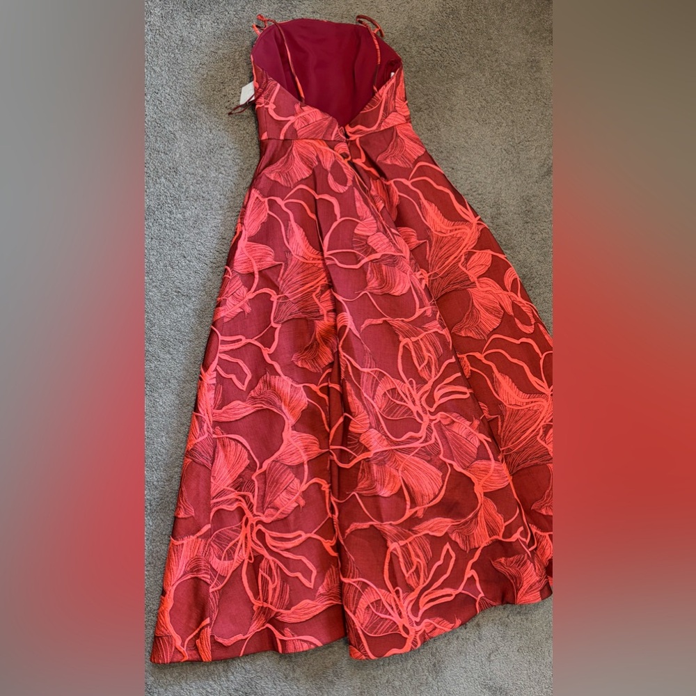Amsale New Italian Fluorescent Floral Jacquard Gown In Coral Black Size 14 - Picture 15 of 16